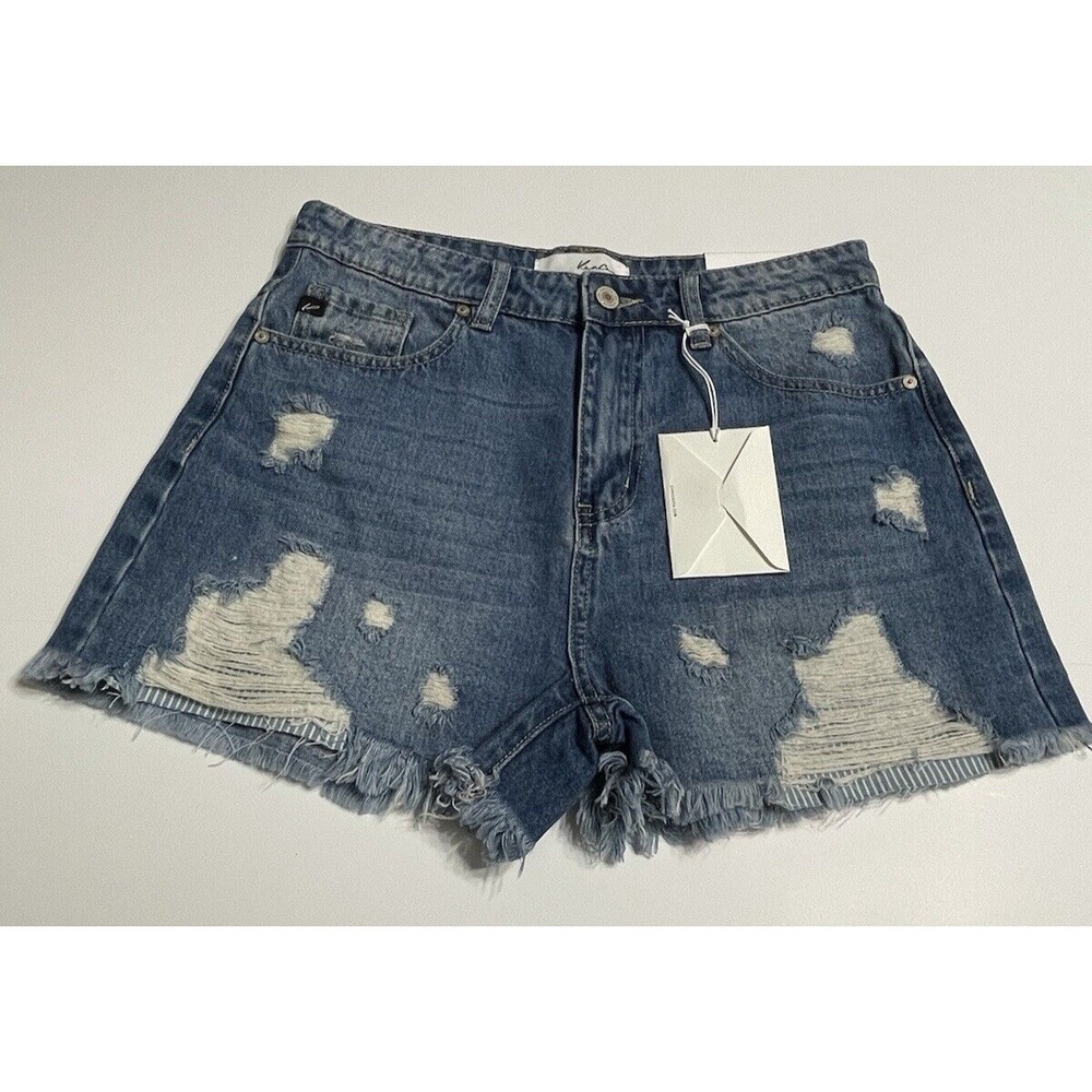 KanCan Women's Medium High Rise Distressed‎ Denim Shorts Blue KC5197D New Tags